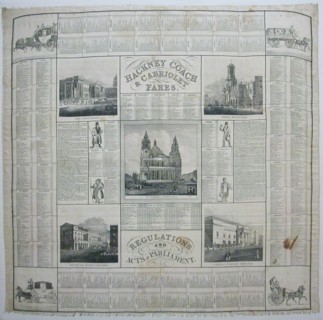 Hackney Coach and Cabriolet Fares/ Regulations and Acts of Parliament (Handkerchief), 1832. Creator: John Leander Bishop.