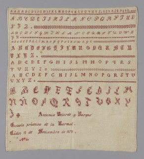 Sampler, Spain, 1878. Creator: Unknown.
