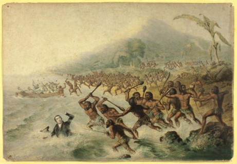 The Massacre of the Lamented Missionary, The Rev. J. Williams and Mr Harris, 1841. Creator: George Baxter.