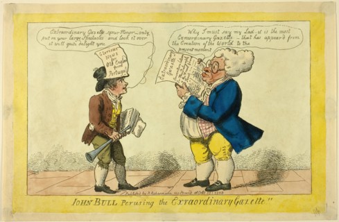 John Bull Perusing the Extraordinary Gazette, published October 10, 1808. Creator: Isaac Cruikshank.