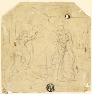 Dramatic Scene with Couple, Older Man, c. 1840. Creator: Joseph Clayton Bentley.