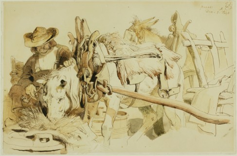 A Farmer Feeding his Pony in Geneva (recto); Seated Friar (verso), 1840 (recto); c. 1840 (verso). Creator: Edwin Henry Landseer.