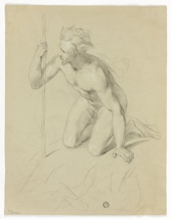 Nude Man Kneeling, Holding Staff (recto); Alpine Panorama (verso), n.d. Creator: Thomas Uwins.