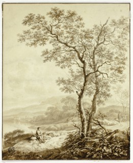 Winding Road Beside Lake, with Large Tree and Resting Traveler in Foreground, n.d. Creator: William Marshall Craig.