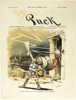 A Little Ajax for a Cent Defying the Lightning, from Puck, published December 10, 1890. Creator: Charles Jay Taylor.
