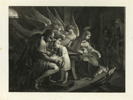 The Holy Family Busy at Home: Joseph Teaches the Boy Jesus to Read. Mary Feeds the Pigeons..., 1809. Creator: Carl Russ.