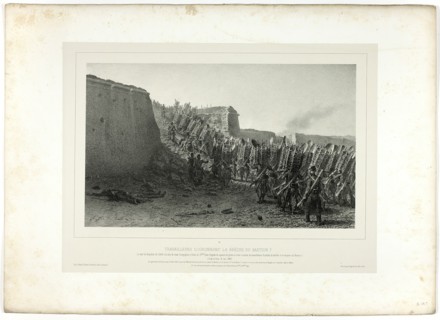 Workers Crowning the Breach of Bastion 7, from Souvenirs d’Italie: Expédition de Rome, 1859. Creator: Auguste Raffet.