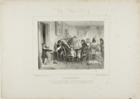 The Dessert: My eldest is full of spirit!...he is very advanced for his age...I intend to ..., 1837. Creator: Auguste Raffet.