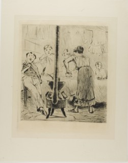 Plate from l'Assommoir (women ironing, man seated before a woodstove), 1879. Creator: Gaston la Touche.