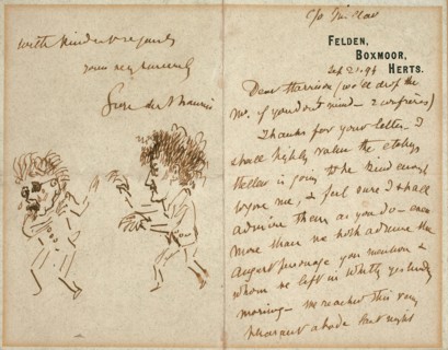 Letter with Drawing of Whistler Menacing Du Maurier, 1894. Creator: George du Maurier.