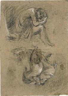 Sketches: Seated Man with Head in Hands and Two Figures Bendin..., 1847/75 (recto); 1863/64 (verso). Creator: Jean-Baptiste Carpeaux.