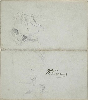 Sketches of Two Children, Boats at Sea (recto); Sketches of Striding Male Figure Holdin..., 1847/75. Creator: Jean-Baptiste Carpeaux.