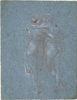 Two Standing Figures, Embracing (recto); Man with Scythe and Sketches of Buildings (verso), 1847/75. Creator: Jean-Baptiste Carpeaux.