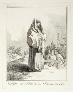 Headdress for Girls and Women in summer, plate three from Divers Habillements des Peuples ..., 1765. Creator: Jean Baptiste Le Prince.
