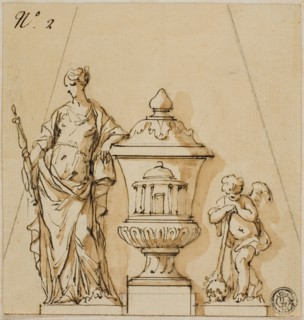 Design for a Funerary Monument with Fate, Urn, Putto, n.d. Creators: John Michael Rysbrack, Sir James Thornhill.