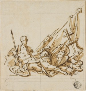 Warrior upon Sarcophagus Accompanied by Trophies: Unexecuted Design for the Monument to..., c. 1733. Creators: John Michael Rysbrack, Sir James Thornhill.