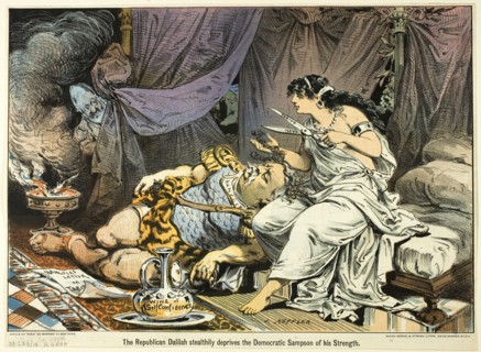 The Republican Dalilah Stealthily deprives the Democratic Sampson ..., published November 10, 1880. Creator: Joseph Keppler.