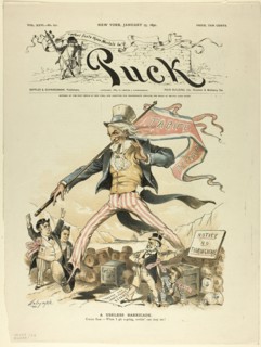 A Useless Barricade, from Puck, published January, 15 1890. Creator: Louis Dalrymple.