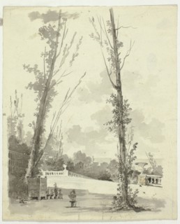 View of the Park at Versailles: Two Poplar Trees with Balustraded Walk in Background, n.d. Creator: Pierre Antoine Mongin.