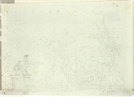 View of the Park at Versailles: Equestrian Statue Among Trees, n.d. Creator: Pierre Antoine Mongin.