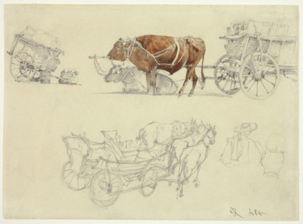 Studies of Slovakian Peasant Wagons with Oxen and Horses, n.d. Creator: Rudolf von Alt.