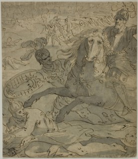 Battle Scene with Charging General on Horseback in Foreground, Artillery and Cannons in Ba..., n.d. Creator: Unknown.