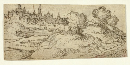 Hill Town with Trees in Foreground, n.d. Creator: Unknown.