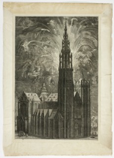 Firework around the Antwerp Cathedral, plate 41 from Casperius Gevartius, Pompa Introitus ..., 1642. Creator: Unknown.