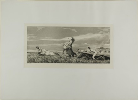 Pursued Centaur, plate three from Intermezzos, 1881. Creator: Max Klinger.