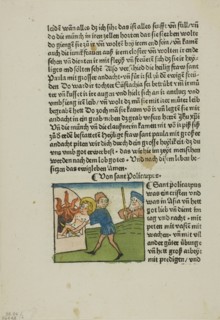 Saint Policarpus from Lives of the Heiligenleben, Sommerteil (Saints, Summertime)..., 1929. Creators: Unknown, Johannes Baemler, Jacobus de Voragine, Wilhelm Ludwig Schreiber.