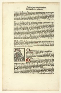 Pope Miltiades (recto) and Saint Gereon's Basilica (verso) from Koelner Chronik..., 1929. Creators: Unknown, Johann Koelhoff the Younger, Wilhelm Ludwig Schreiber.