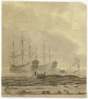 Whaling Ships and Small Boats with Whale, 1769. Creator: Cornelis Ouboter van der Grient.