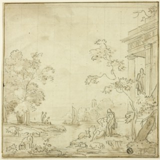 Harbor Scene with Figures, Temple, n.d. Creator: George Smith.