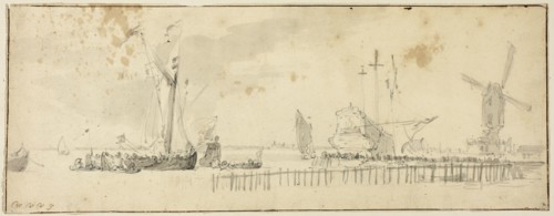 Sailing Ships in Harbor near Windmill, n.d. Creator: Willem van de Velde the Younger.