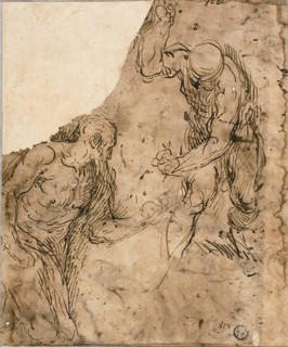 Two Sketches of Male Nudes, One Kneeling, One Standing (recto); Three Sketches..., 1600/09. Creator: Jacopo Palma.