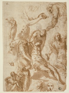 Sketches for a Lamentation and a Pietà, and of Various Figures, Heads..., 1580 (r); 1576/80 (v). Creator: Jacopo Palma.