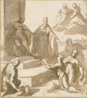 Study for Venice Receiving Homage and Gifts from Brescia, Udine, Padua, and..., c.1593. Creator: Jacopo Palma.