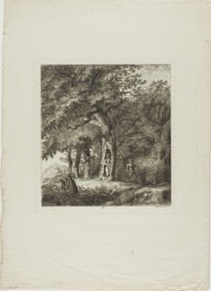 Nymph Hiding in a Tree, plate eight from Paysages Dédiés à M. Warelet, 1764. Creator: Salomon Gessner.