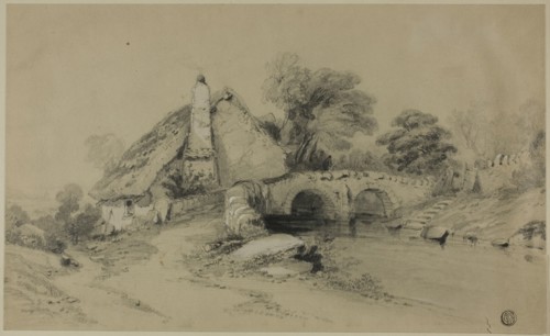 Farm with Thatched Roof Near Stone Bridge, n.d. Creator: Unknown.