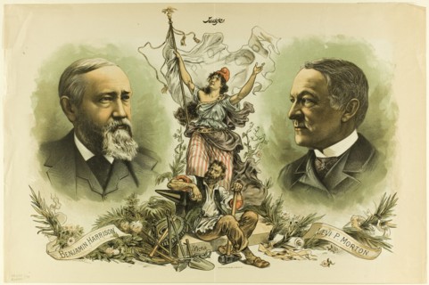 Victory Portraits of Benjamin Harrison and Levi P. Morton, from Judge, 1888. Creator: Unknown.