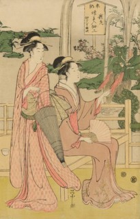 Women viewing dragon and tiger made of tobacco pouches, c. 1795. Creator: Hosoda Eishi.