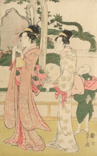 Women viewing dragon and tiger made of tobacco pouches, c. 1795. Creator: Hosoda Eishi.