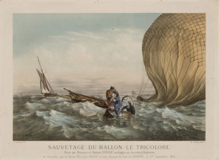 The rescue of Jules and Caroline Duruof from their balloon "Le Tricolore" off the coast of..., 1874. Creator: Anonymous.