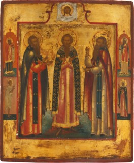 Saint Andrew of Smolensk (center), Daniel the Pilgrim (right) and the venerable..., Early 19th cen. Creator: Russian icon.