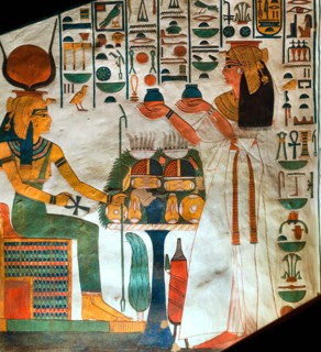 Queen Nefertari presenting offerings to the goddess Hathor, ca 1298-1235 BC. Creator: Ancient Egypt.