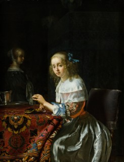 Young Woman Threading Pearls, 1658. Creator: Mieris, Frans van, the Elder (1635-1681).