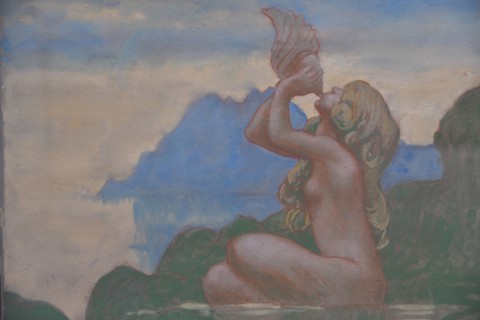 Figurine marine soufflant dans une conque (golfe de Porto), c. 1908. Creator: Auburtin, Jean Francis (1866-1930).