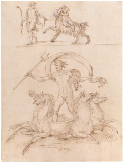 Neptune riding his chariot the infant-god Zeus riding the Goat Amalthea. Creator: Perino del Vaga (1501-1547).