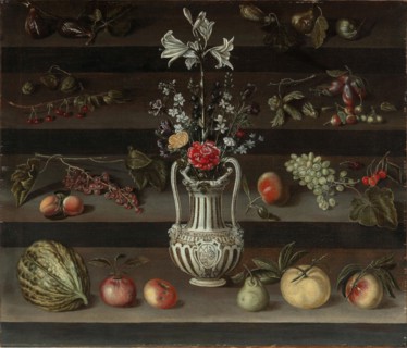 Lilies and other flowers in a majolica vase, with peaches, grapes, cherries..., 2nd half of 17th cen Creator: Josefa de Óbidos (Josefa de Ayala) (1630-1684).