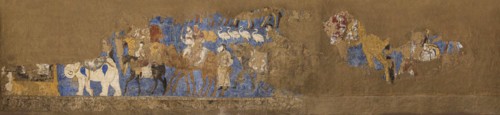 Afrasiab murals, South wall: Funeral procession led by King Varkhuman, Between 648 and 651. Creator: Sogdian Art.